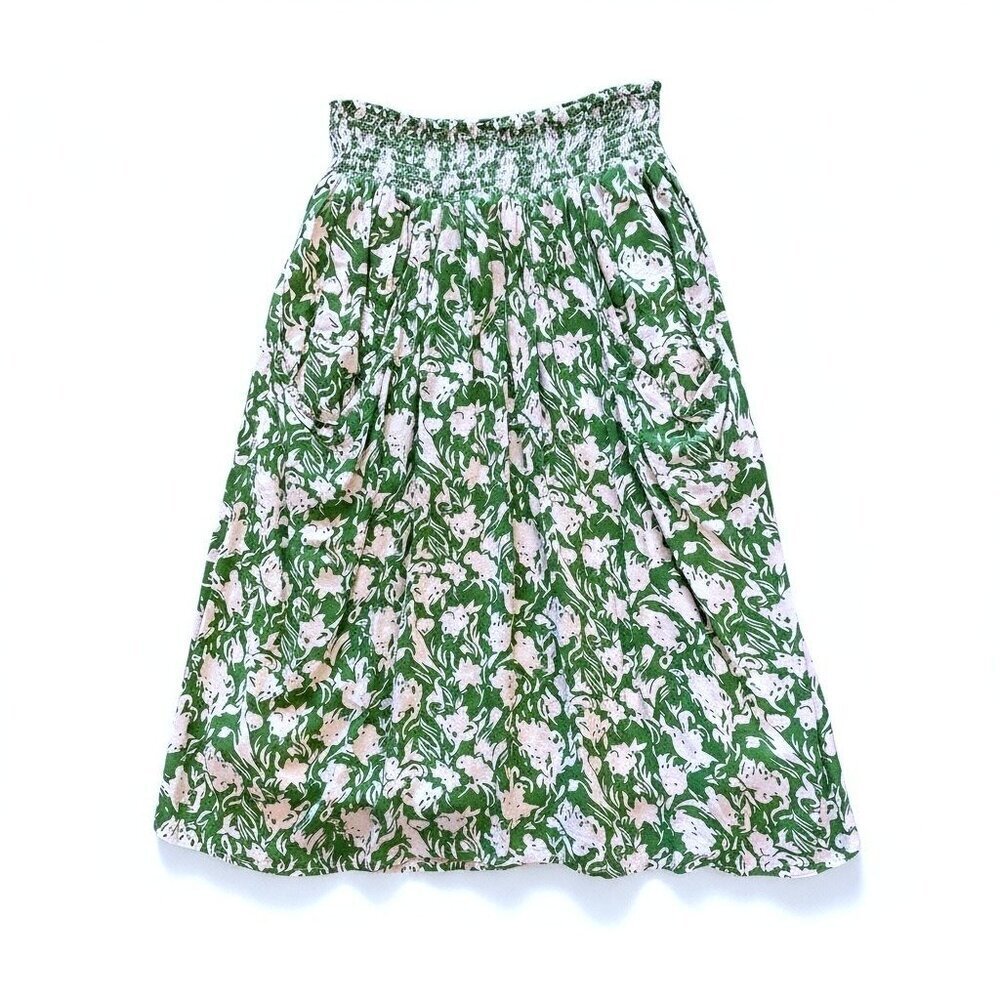 Porridge Green & Ivory Floral Smocked Midi Skirt Size Small - Picture 2 of 6
